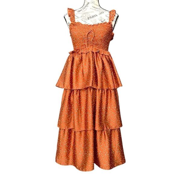 Storia Smocked Tiered Maternity Rust Polka Dot Midi Dress in Size Small - Picture 3 of 14